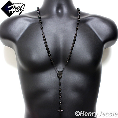 #ad MEN Stainless Steel 305quot;HEAVY 8mm Black Plated Beads Rosary Necklace $19.99