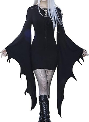 #ad Ladies Dress Halloween Women XL Cosplay V Neck Sexy Slim Bat Sleeve Dress $11.50