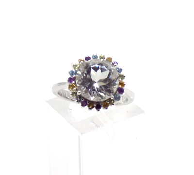 #ad 925 Sterling Silver Ring White Topaz 10mm and Multi gemstone Halo Size 6 PJM HSN $38.00