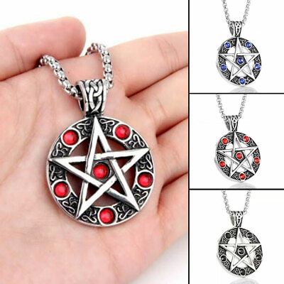 #ad Pentagram Pentacle Star Blue Red Black Rhinestone Pendant Necklace 24quot; Box Chain $9.99
