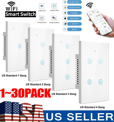 #ad 1 2 3 4 Gang WiFi Smart Wall Touch Light Switch Glass Panel For Alexa Google APP $149.63