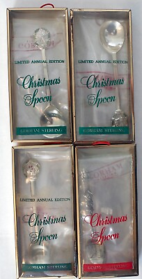 #ad LOT OF 4 GORHAM STERLING SILVER CHRISTMAS SPOONS IN ORIGINAL UNOPENED PACKAGING $125.00