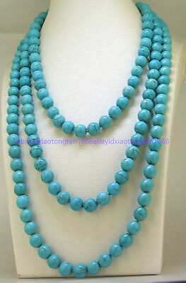 #ad Genuine Natural 8mm Blue Turquoise Round Gemstone Beads Jewelry Necklace 50quot; $9.99