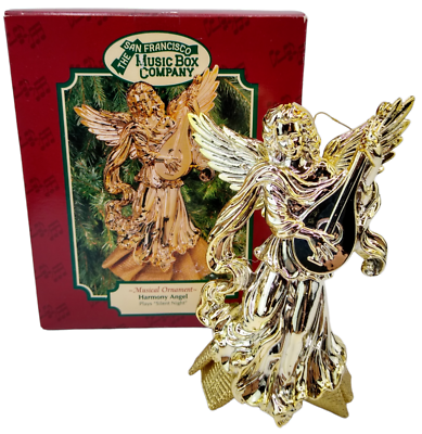 #ad The San Francisco Music Box Co Musical Ornament Gold Harmony Angel w Lute Works $14.95