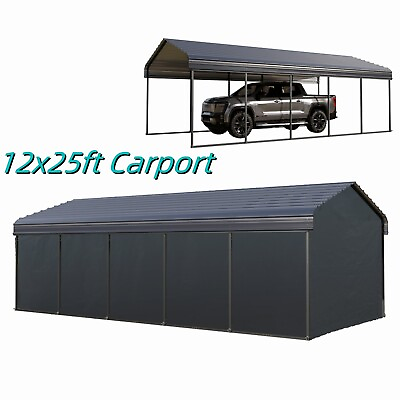 #ad 12x25ft Carport with Sidewalls Steel Outdoor Carport Garage Shelter Grey $1439.99