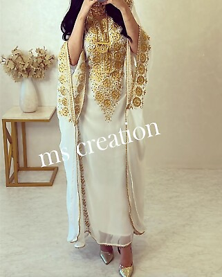 #ad Sale Cream Moroccan Dubai Kaftan Farasha Abaya Very Fancy Long Gown Dresses 08 $54.59