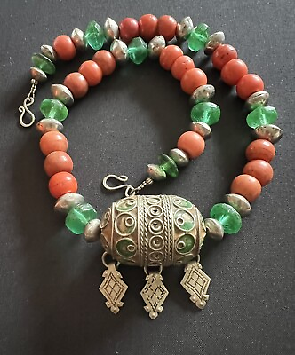 #ad Tagmoute enameled moroccan vintage Egg amp; Green Vaseline Trade Beads Necklace $195.00