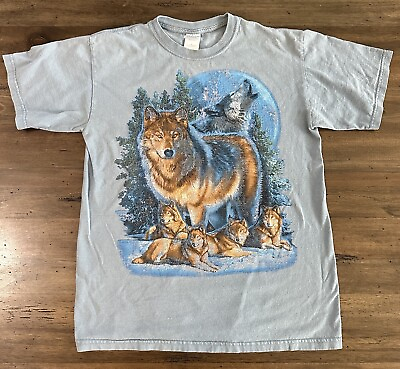 #ad Vintage Wolf Pack T Shirt Mens Blue Native Howling Animal Winter Wildlife Tee M $24.00
