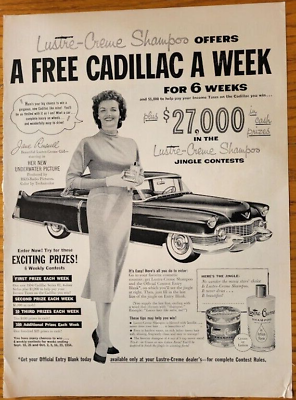 #ad 1954 Lustre Creme Shampoo Magazine Ad Jane Russell Free Cadillac Weekly Prize $3.99