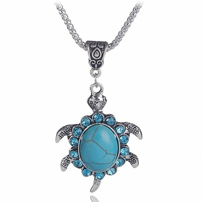 #ad New Womens Silver SEA TURTLE Boho NECKLACE Turquoise amp; Crystal Turtle Pendant $9.74