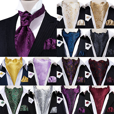 #ad Black Floral Mens Silk Ascot Cravat Tie Formal Scarf Handkerchief Cufflinks Set $12.99