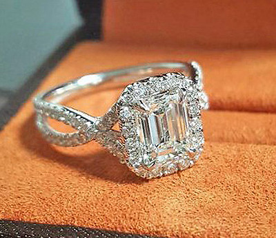 #ad 2.35 Ct. Emerald Cut Diamond Halo Pave Twist Engagement Ring HVVS2 EGL USA 18K $11282.04