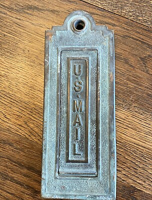 #ad Antique Vintage Unusual Bronze Vertical U.S. Mail Slot Spring Door Post Office $95.00