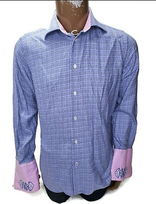 #ad Robert Graham Houndstooth Plaid French Cuff Shirt Blue Men#x27;s size 16.5 Large 42 $38.00