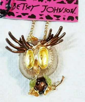 #ad Hot Betsey Johnson Brown Enamel Lovely Owl Pendant Sweater Necklace Brooch Pin $10.95