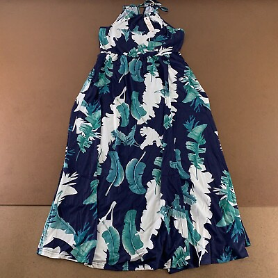 #ad KILIG Women#x27;s Size XL Navy Palm Print Sleeveless Pocketed Maxi Dress NWT $19.27