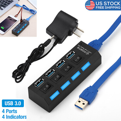 #ad 4 Ports Splitter USB 3.0 Hub with Power Adapter On Off Switch For Laptop PC $9.90