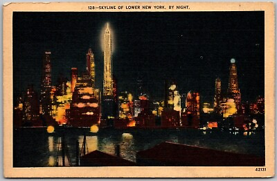 #ad Postcard: Skyline of Lower New York by Night A53 $3.49
