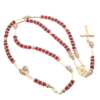 #ad Men#x27;s Hip Hop 8 mm RED Bead Gold Tone Rosary Pray Hand Jesus Cross Necklace GRD $10.99