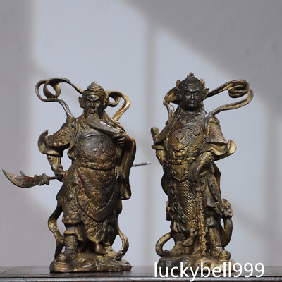 #ad 9.5quot; Old Antique Tibetan Buddhism Temple pair Bronze gilt Guangong Weituo statue $435.20