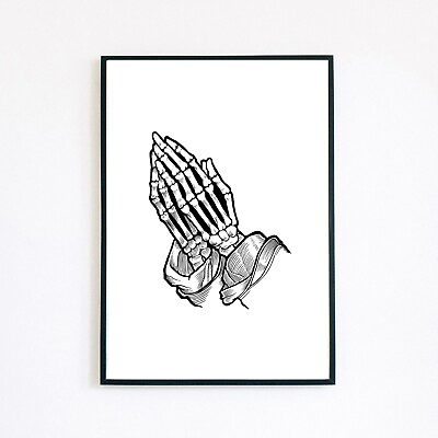 #ad Praying Skeleton Hand Gothic Illustration Tattoo Design A5 Wall Decor Art Print GBP 4.95