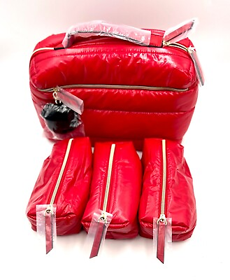 #ad Estee Lauder Fluffy Train Case Bag 3 Little Bags with Handle Red $13.90