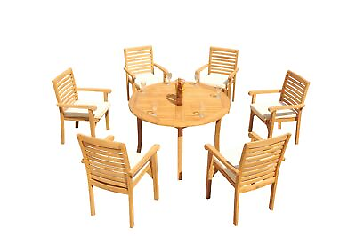 #ad DSHR A Grade Teak 7pc Dining Set 48quot; Round Table 6 Stacking Arm Chairs Outdoor $1913.90