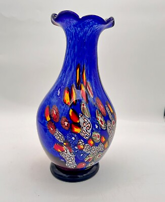 #ad Beautiful Murano Colorful Millefiori Stripe Art Glass Vase Rare Heavy Piece 10” $185.00