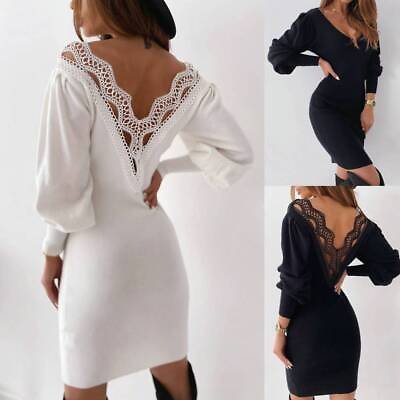 #ad Womens Lace Backless Jumper Dress Long Sleeve V Neck Evening Party Bodycon Dress $13.69