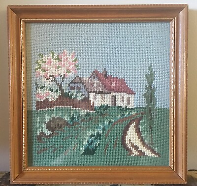 #ad Needlepoint house spring season shades pink blue green completed amp; framed 11” sq $21.00