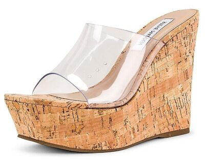 #ad Steve Madden Barona Clear Slip On Open Squared Toe Wedges Heeled Dress Sandals $69.95