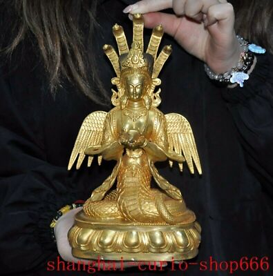 #ad 10quot;Bronze gilt 5 Heads Snake Naga Kanya Snake Fairy Tara guanyin Buddha Statue $205.80