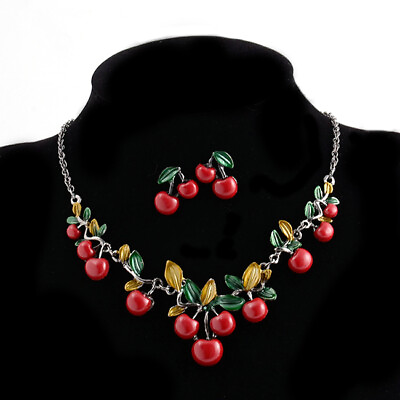#ad New Fashion Fashion Red Cherry Enamel Pendant Chain Women Necklace Earring Set $4.49