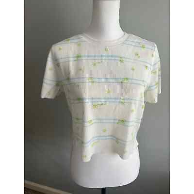 #ad BP Cropped Tee White w Blue Stripes Green Floral Knit T Shirt Size 1X NEW Top $20.00