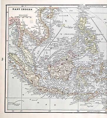 #ad 1890 Map SOUTH EAST ASIA Borneo ORIGINAL Sumatra Siam Cambodia New Guinea $47.88