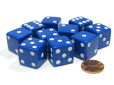 #ad Set of 10 Large Six Sided Square Opaque 19mm D6 Dice Blue with White Pips $9.99