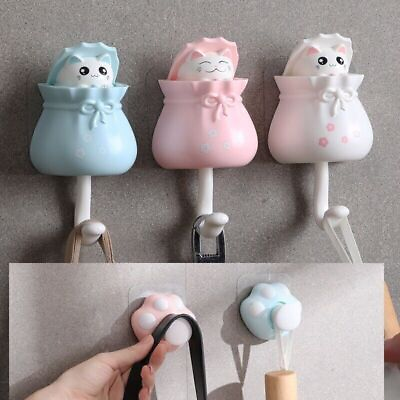 #ad Cartoon Cat Hooks Key Holder Wall Mounted Adhesive Clothes Hanger Hat Rack $5.15