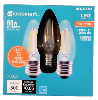 #ad Ecosmart 60W B11 LED Soft White Dimmable Medium Base 3 Pack $15.99