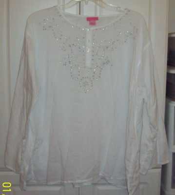 #ad She#x27;s Cool White Embroidered Sequined Long Sleeve Top Shirt Tunic SZ 3X CHEST 64 $22.99