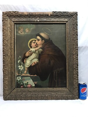 #ad Vtg Antique ORNATE Frame Patron Saint Anthony Lost Cause Miracle Religious Print $71.99