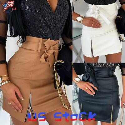 #ad Women High Waist Zipper PU Leather Skirt Wet Look Bodycon Mini Dress Clubwear $19.59