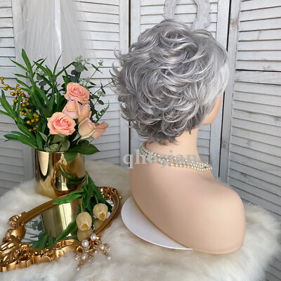 #ad Fashion Ladies Wigs Women#x27;s Wig Short Silver Grey Natural Hair Layered Curly Wig $15.99