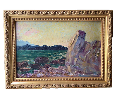 #ad French Impressionism School Sunset Seascape Rocky Coast Oil Painting $3700.00