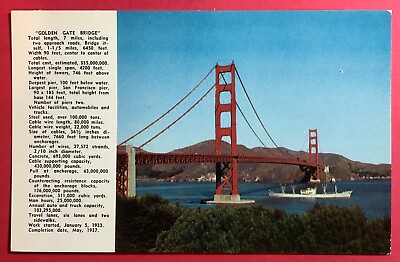 #ad Postcard San Francisco Golden Gate Bridge Statistics c1950s $4.99