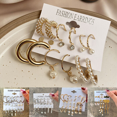 #ad 6Pair Earrings Gold Silver Tassel Rhinestone Stud Geometric Pearl Ear Jewellery☾ $4.17
