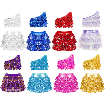 #ad Girls Shiny Sequin Crop Top with Mini Skirt Latin Jazz Salsa Rumba Dance Costume $16.19