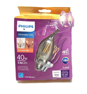 #ad Philips 40w Clear Bent Tip Candelabra Base E12 Dimmable LED 3 Pack New $11.99