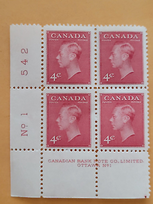 #ad 1949 Canada Post 4c King George VI 287 Plate 1 Left Lower Block C $55.00