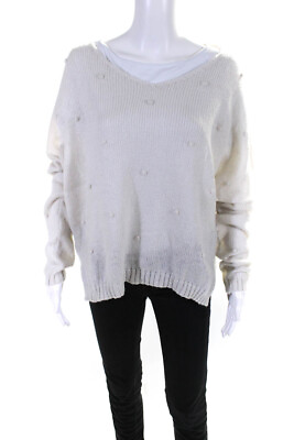 #ad Wooden Ships Womens Open Knit Oversized V Neck Sweatshirt White Size M L $40.81