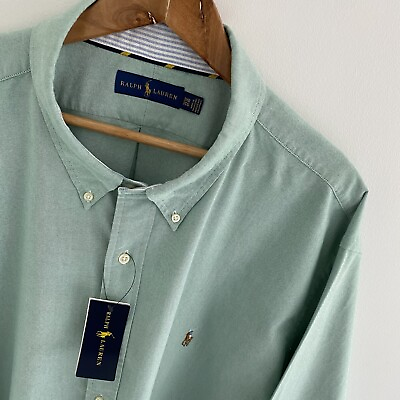 #ad Mens Polo Ralph Lauren Green Solid Long Sleeve Shirt Size 3XB Big 4XL XXXXL GBP 69.95